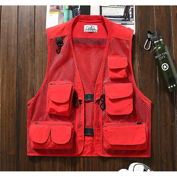 Sommar utomhus mesh cargo väst för män och kvinnor, multi-ficka funktionell fotograferingsväst, fiskehästklämma väst, tunn red XXL