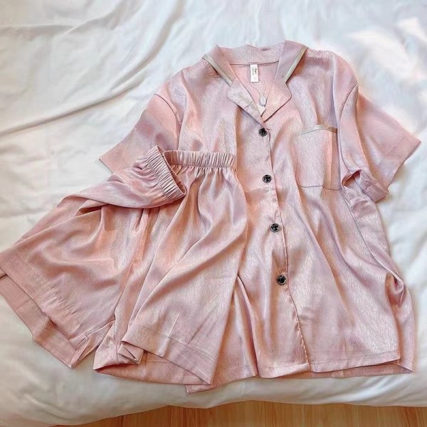 Naisten pyjama kevät ja kesä pitkähihainen jääsilkki kevyt luksuspitsi jäljitelmä silkki ohut set pink XL