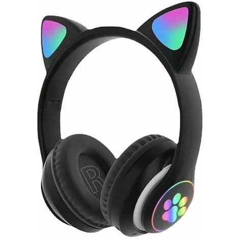 Trådløse Bluetooth-hodetelefoner med katteører og LED-lys (svart)