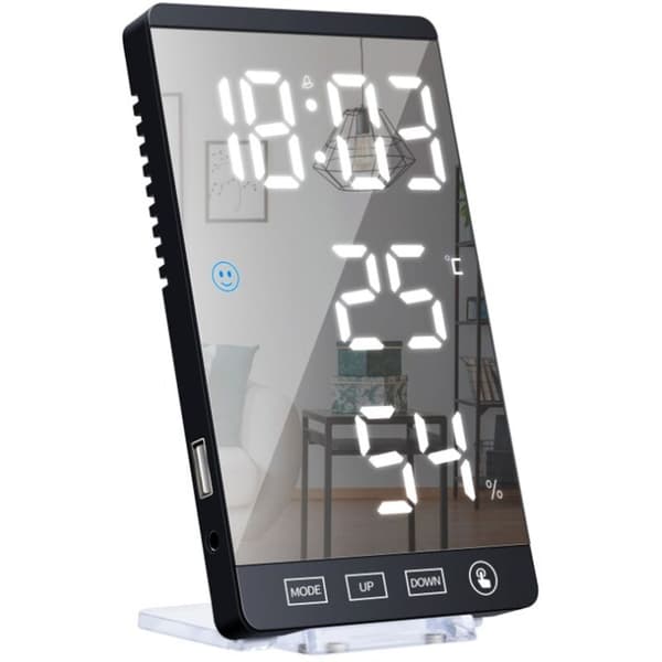 LED spegelklocka, termometer och hygrometer, elektronisk väderklocka, väckarklocka, fet röd text