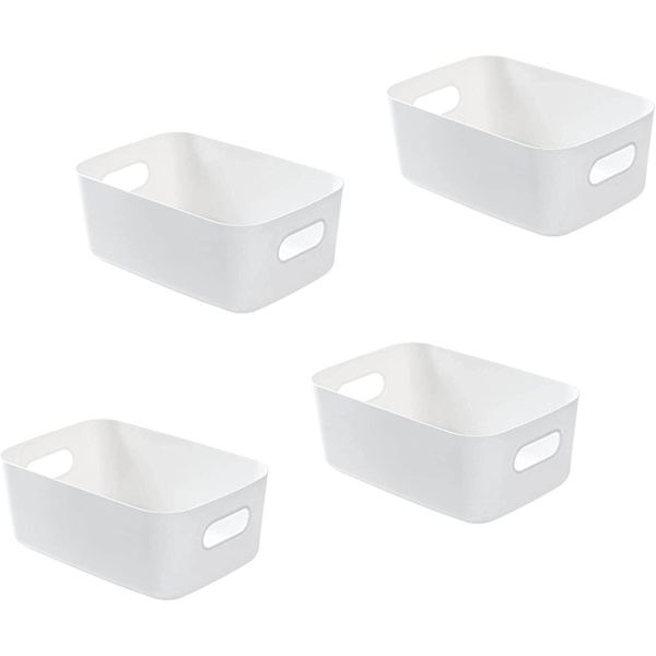 Sæt af 4 Hvide Plastik Opbevaringskurve, Plastik Opbevaringskurv, Plastikkurv med Stabelbare Skabe, Køkken, Soveværelse, Badeværelse, Kontor, 19x13.5x7.