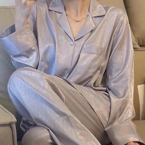 Pyjamas för kvinnor, vår & sommar, långärmad, is siden, lyxig spets, imitationssilke, tunn hemmaklädset Light Purple M