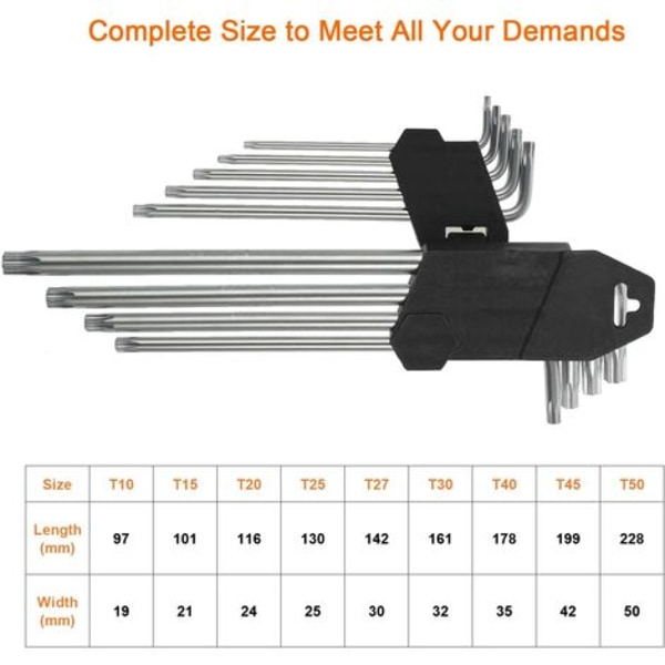 9 stk Torx Allen nøkkelsett stjerne sekskant (metrisk/Torx) lang arm med CRV håndtak Torx offset skrutrekkersett T10 T15 T20 T25 T
