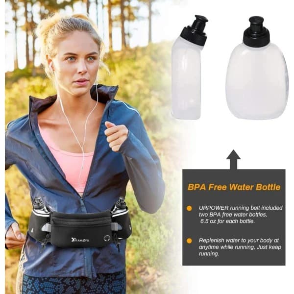 Löparbälte med Vattenflaskor (2 x 175ml), Hydration Bälte Vattentätt Midjeväska Passar iPhone Justerbar Sport Midja Black