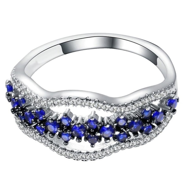 Kvinnor Faux Sapphire Inläggningar ihåliga band Finger Ring Bröllopsförslag Smycken Present US 10