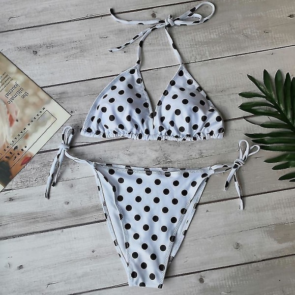 kvinnor Sexig Bikini String Set Vadderad Push Up Badkläder Sommar Beach Baddräkt Polka Dot White M