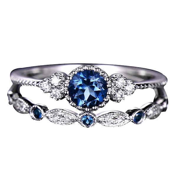2 stk./sæt Kvinders Runde Cubic Zirconia Indlagte Bryllupsringe Smykker Gave Dark Blue US 8