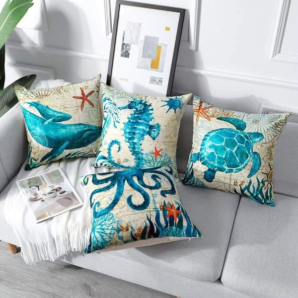 Outdoor Cushion Cover, Set of 4 Waterproof Blue Sea Life Pattern Sofa Throw Pillow Case for Patio Garden Living Room Bed