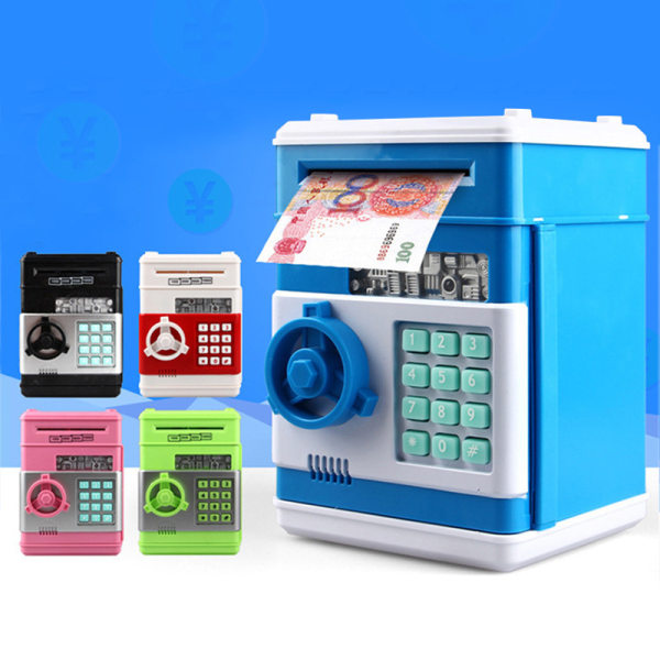 Spargris, födelsedagsleksakspresent, elektronisk kassaautomat för riktiga pengar, stor spargris plastskåp, söta barnartiklar (röd+silver),