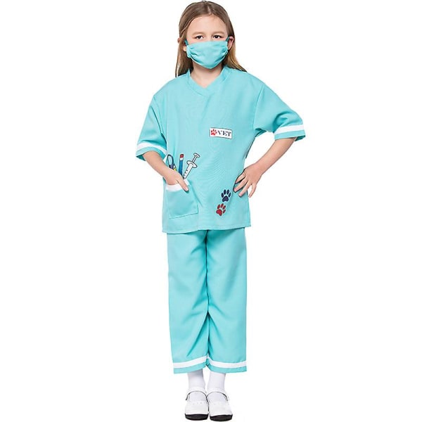 Barn Läkaruniform Halloween Rollspel Cosplay Kostymer Yrkeserfarenhet Tecknad Läkare Sjuksköterska Kläder Topp+byxor+mask Green L  140cm-150cm