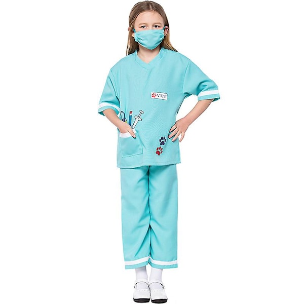 Barnläkare Uniform Halloween Rollspel Cosplay Kostymer Professionell Upplevelse Cartoon Doktor Sjuksköterska Kläder Topp+Byxor+Mask Green M  130cm-140cm