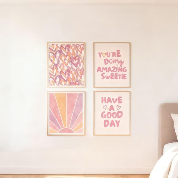 Set med 4 estetiska rosa väggkonsttryck, pastellmönster för vardagsrum och sovrum, 30 x 40 cm