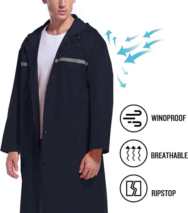 Lang regnjakke med hette for menn, vanntett nødregnfrakk poncho