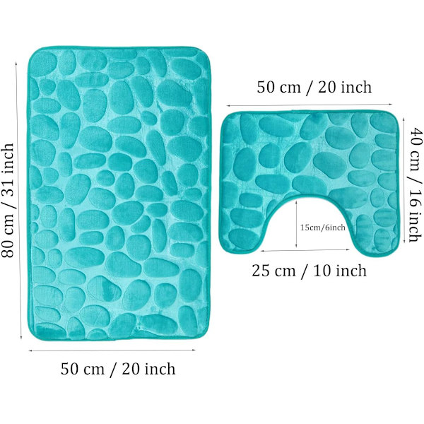 Sæt med 2 Anti-Skrid Sikre Bademåtter Åndbare Hukommelsesskum Bademåtter Komfortable Bløde Vandabsorberende Badeværelsesmåtte Toilet Anti-Skrid Bagside (Aqua)