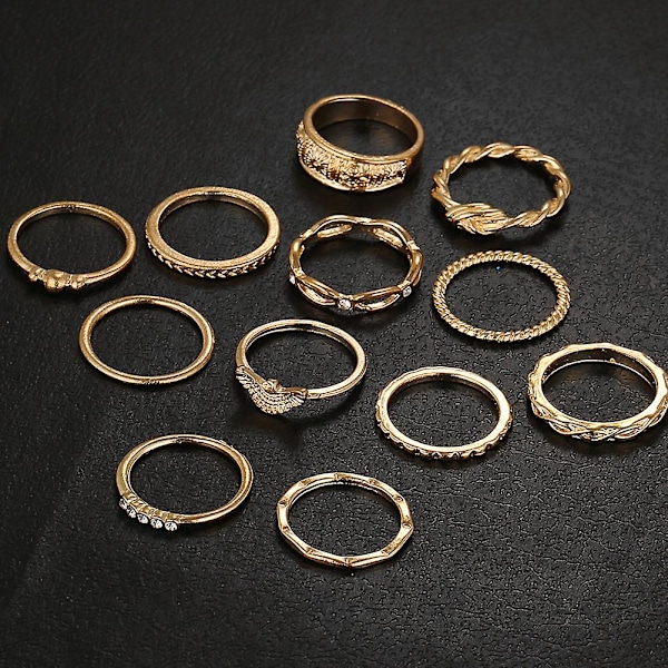 12 stk. Dame Retro Twisted Carved Knuckle Finger Ringe Rhinestone Ring Sæt Smykker