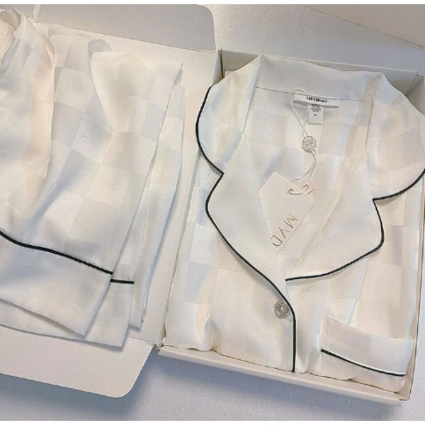 Pyjamas til kvinder, langærmet i silke look, let luksus, blonder, tynd, til hjemmet, forår og sommer white M