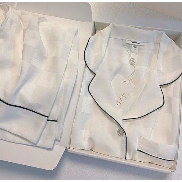 Pysjamas for kvinner vår og sommer langermet is silke lett luksus blonder imitert silketynt hjemmeklærsett white XL