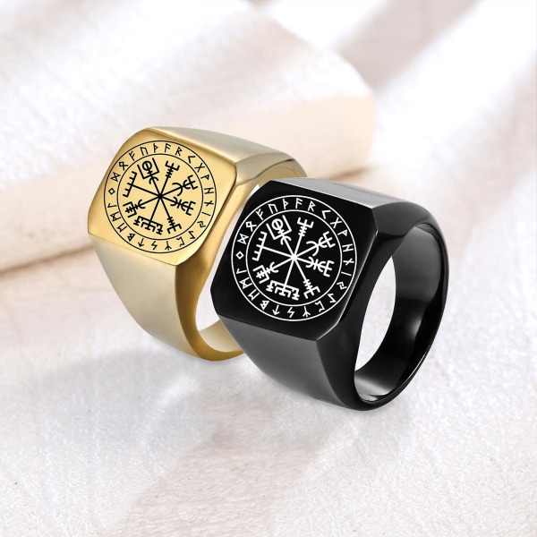 Män Ring Rune Carving Titanium Stål Punk Kvadratisk Finger Ring Födelsedagspresent Golden US 11