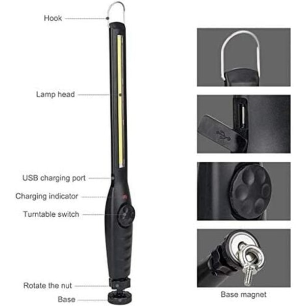 Laddningsbar COB-arbetslampa Ficklampa med Magnetisk Bas och Hängkrok för DIY, Hem, Arbetsplats, Promenader, Fiske, Vandring