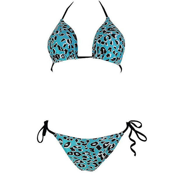 Sexy Bikini Thong Set med Push-Up Polstring for Kvinner - Sommerstrand Badetøy Leopard Blue S