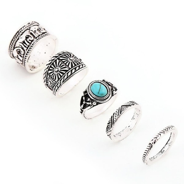 5 st/ set Kvinnor Elefant Turkos Knuckle Ring snidade Vintage Stapling Ringar
