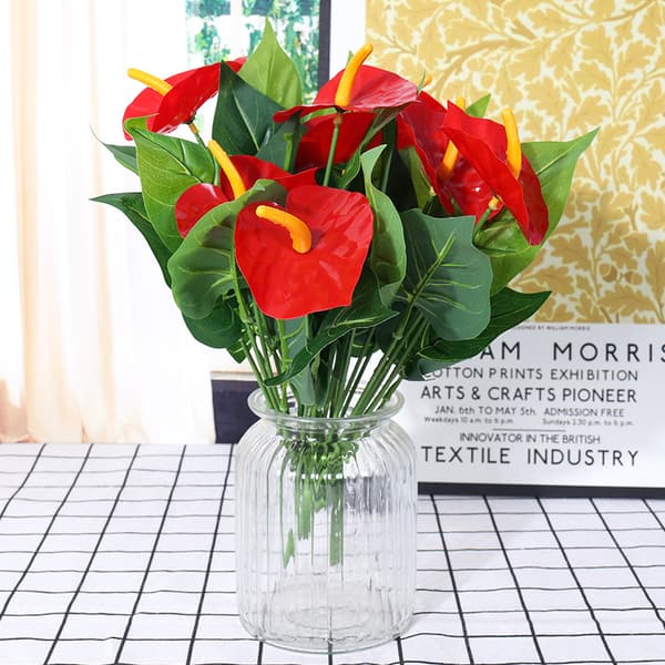 Simulert grønn plante plastblomst 12 hoder 3 anthurium blomst 2PCS,