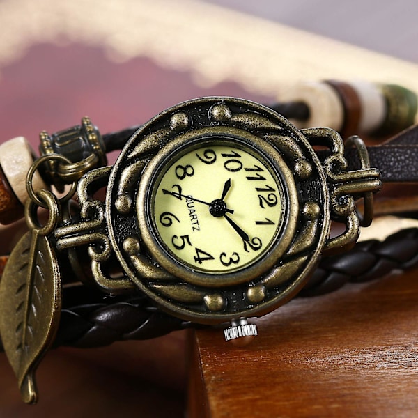 Vintage Håndlaget Lærklokke Blad Dame Dame Wrap Around Kvartsklokke Armbånd
