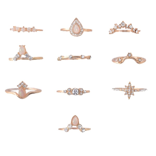 10 st/set Lady Vattendroppe Stjärna Krona Faux Opal Stapelbara Knuckle Midi Finger Ring