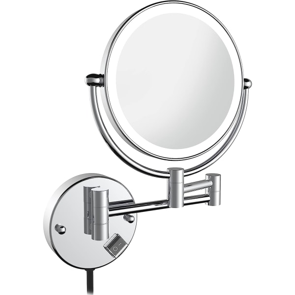 Dobbeltsidig forstørrende sminkespeil Veggfeste LED vanntett speil 360 graders rotasjon -6 tommer sølv,