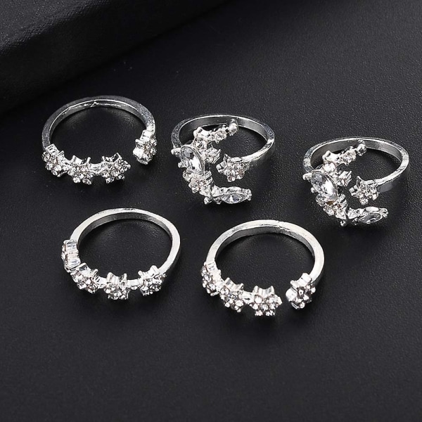 5-pack Fashion Kvinnors Rhinestone-Inlagda Måne Stjärna Blomma Stackbara Midi Ringar