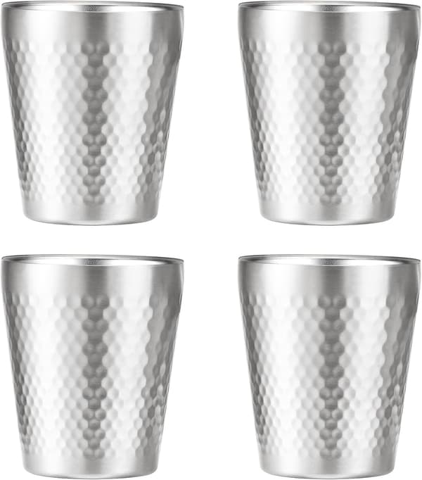 Sæt med 4 kopper i rustfrit stål 300 ml - Dobbeltvægget anti-skoldning, stabelbart design og diamantoverflade - Til kaffe