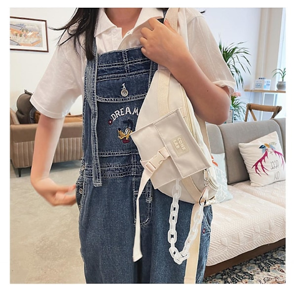 Enkel axelväsk, college-stil för kvinnor, mjuk tjej, student, nylon midjeväska A916-980 White