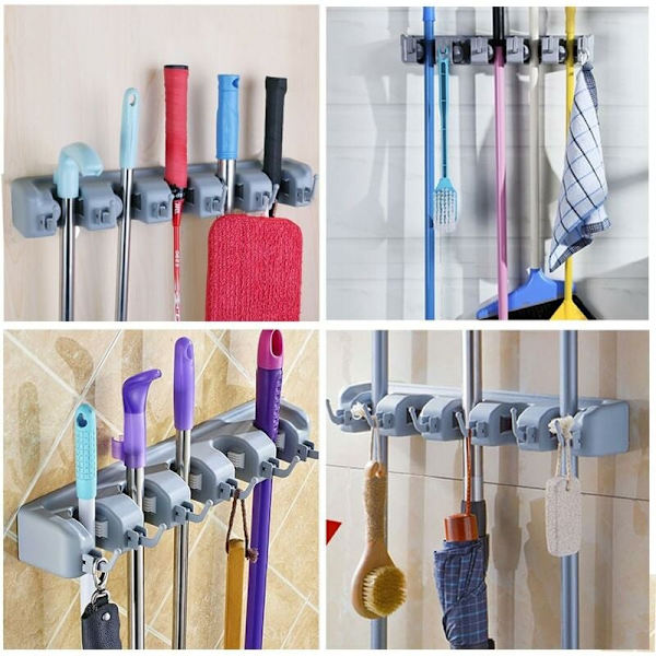 Multifunktionel sort plastik kugle til kort, moppeholder, moppe dræningsopbevaringsstativ - lysegrå 5 kroge 6 kroge, til hjemmet