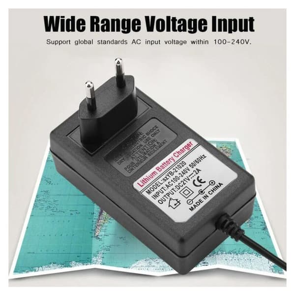 Sikker ladeadapter AC 100-240V DC 21V 2A for litium-ion-batterier, EU-plugg, erstatning