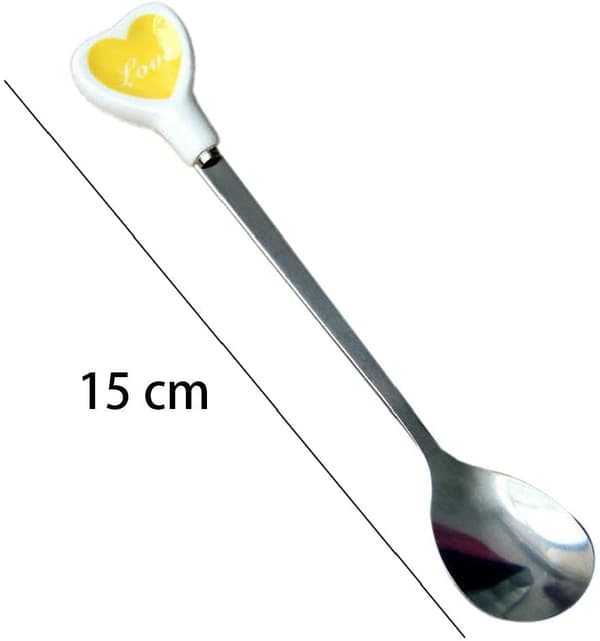 2 rustfrit stål hjerteformet keramiske teskeer dekoreret kaffe mælk dessert sukkerpind (gul)