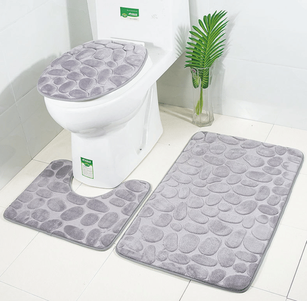 Flonel gulvmåtte, toiletsæde, toiletmåtte, badeværelsesmåtte, tre dele, A10,