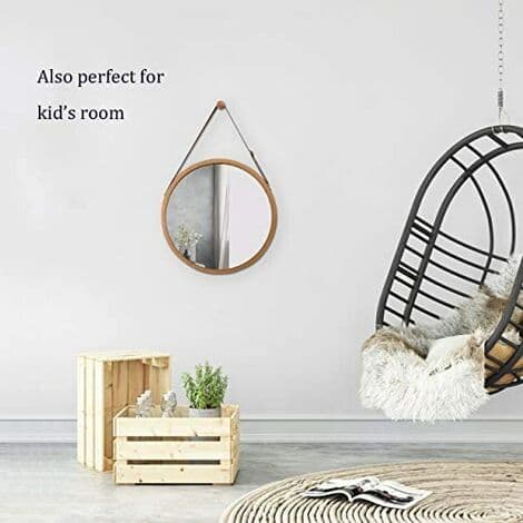 Rund väggspegel i bambu med justerbar läderrem 38 cm, brun, 45 cm