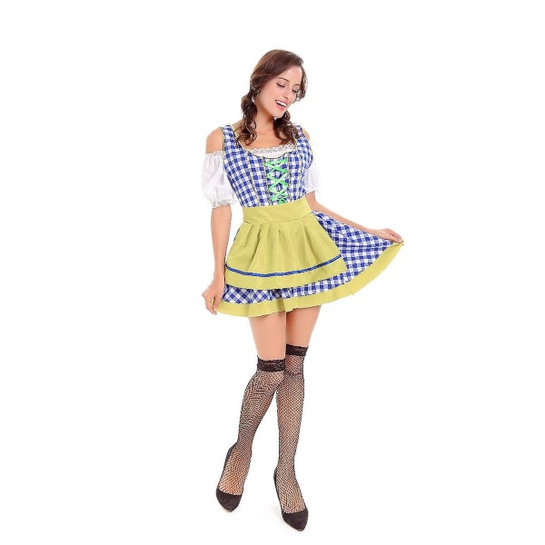 Østerriksk tysk Dirndl Oktoberfest kostyme karneval Lady Beer Wench Servitris rutete kjole Cosplay Halloween Fancy Festkjole Blue M