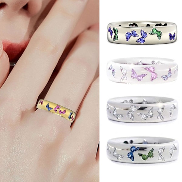 Glansfuld Kvinde Ring Butterfly Mønster Rustfrit Elegant Blandet Farve Dame Finger Ring Til Bryllup Blue US 11