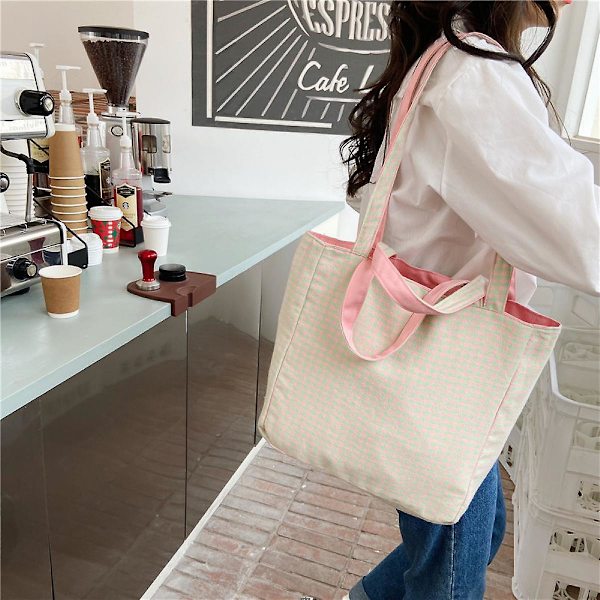 Enkel Plaid Skuldertaske Student Kvinde Fritids Dobbelt Brug Canvas Taske Casual Shopping Tote Pink