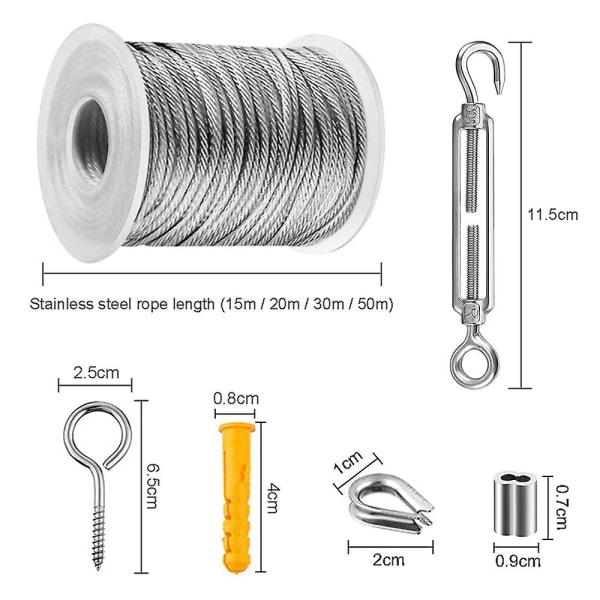 304 Rostless Steel Rope Hanging Kit, Nylon rostfri stålkabel, Pvc stålkabelspännare, för tältrep, klädstreck, utomhusljuskrona, G
