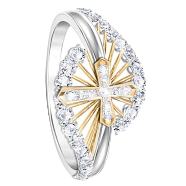 Kvinnor Dual Tone Rhinestone Inläggningar Cross Finger Ring Bröllop Engagement Smycken US 8