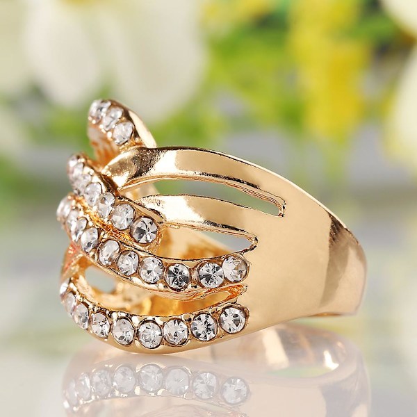Lyxig 9k guldpläterad legering fingerband med strass inlägg ring smycke gåva US 7