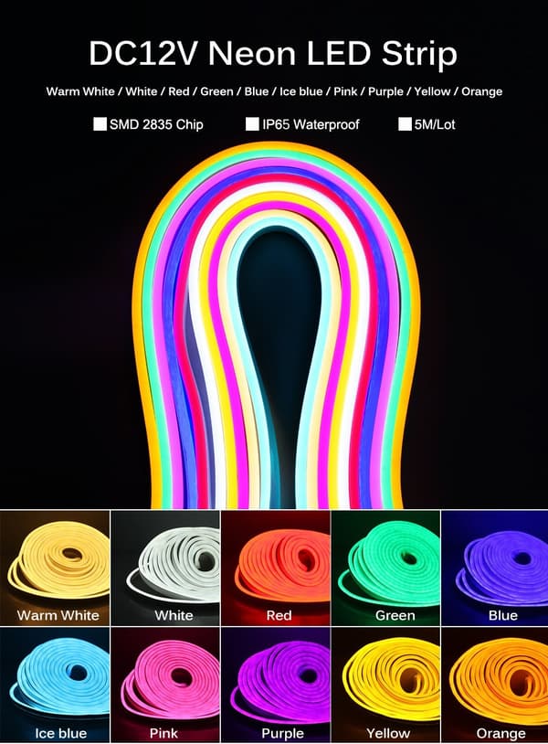12v led stripe lys neon stripe lys 6*12mm 5m sett (hvitt lys)