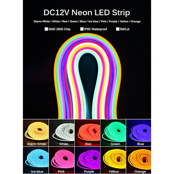 LED-lysstripe 12v neon lysstripe 6*12mm 5m sett (Isblå)