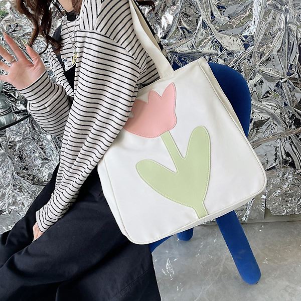 Mediumblommig Canvas Tote Bag för Universitetsstudenter, Blommiga Shopping Canvasväskor, Initialer Återanvändbara Väskor Vit
