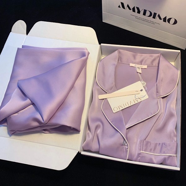 Pyjamas för kvinnor, vår & sommar, långärmad, is-silke, lyxig spets, imitationssilke, tunn hemmaklädset Violet M