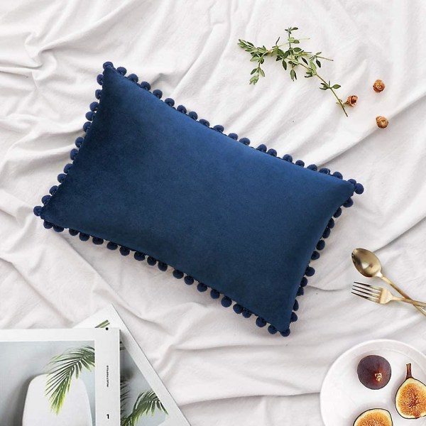 Sæt af 2 Fløjls Pudebetræk Dekorative Pudebetræk Pompom Pompom Pude Puder Bløde og Solide med Kvadratiske Pompoms til Sofa Soveværelse Sofa 45x45cm 12 x20 Navy Blue