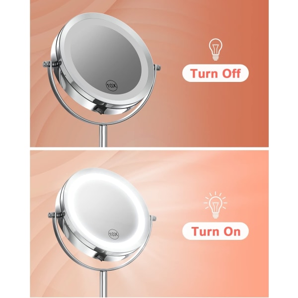 Ljus smink spegel med ljus och förstoringsglas, 1x/10x förstoring dubbelsidig LED spegel 360° roterbar rund spegel