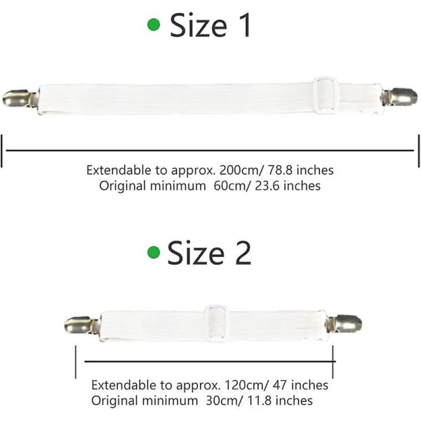 4 kpl vuodevaatteiden lisävarusteita Säädettävä lakanankiristimen joustava varustettu lakanaremmi, vuodelakanalle, sohvalle, silityspäällysteelle - 60 cm - 200 cm, valkoinen
